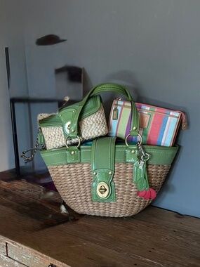 Coach ‘07 Hampton 3-Piece Green Straw Tote, Clutch, Slim Wallet-Striped Interior
